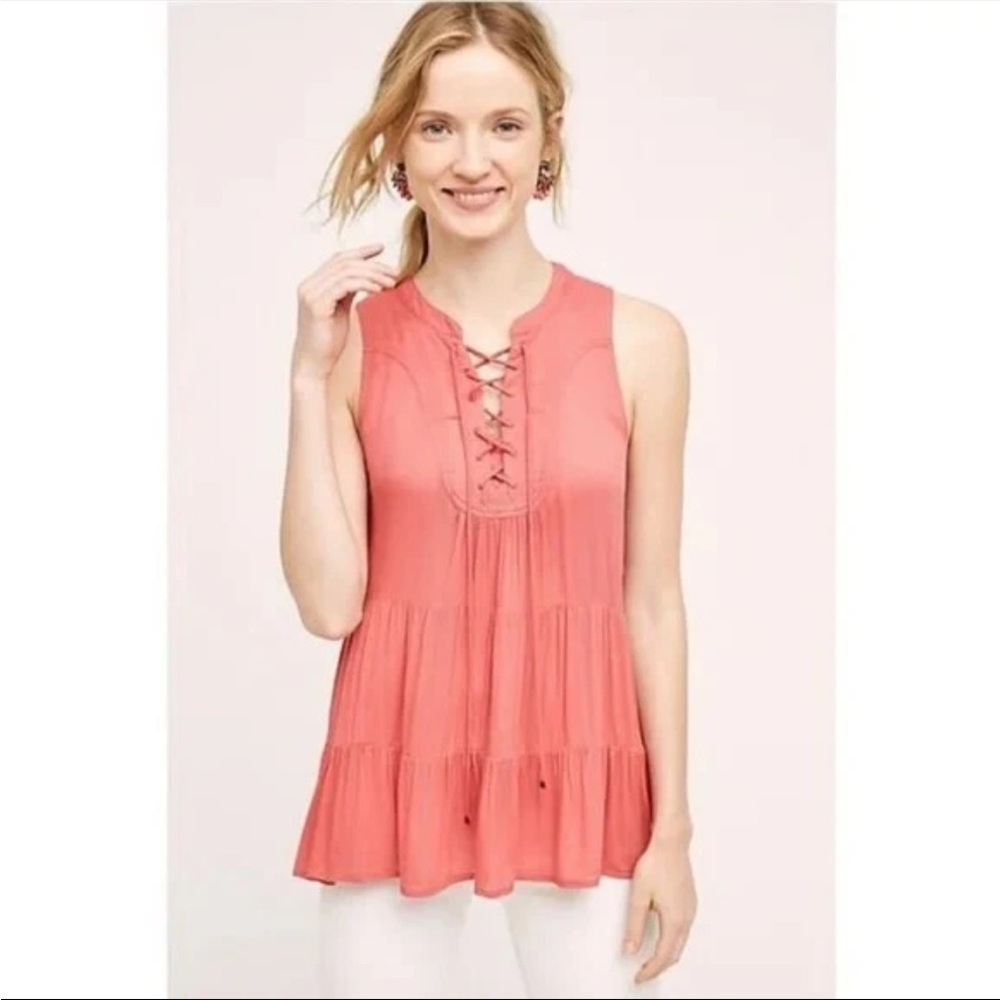 Anthropologie Floreat Coral Pink Lace Up Tank Top Tunic Tiered Flowy Gauze Sz 4